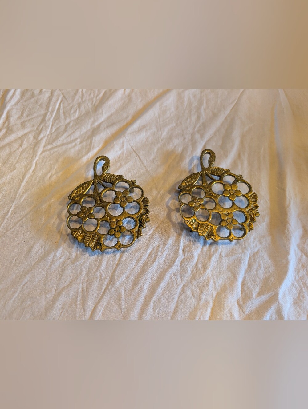 2/60$ Vintage Brass Floral Trivet Pair - Antique Gold Tone